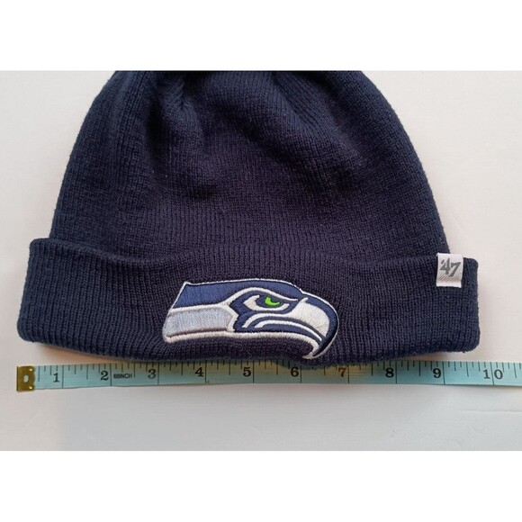Authentic '47 Seattle Seahawks Basic Knit Dark Navy Raised Cuffed Beanie Hat - Picture 6 of 7